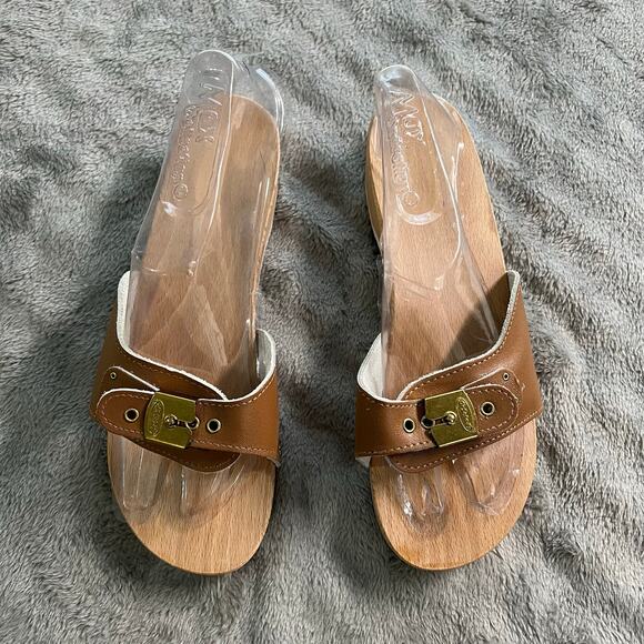 Dr. Scholl's 70's Dead Stock Original Tan  Wooden Sandals Made In Italy Sz 8 - Picture 8 of 10